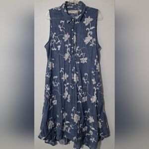 Anthropologie Isabella Sinclair Embroidered Chambray Dress Pleated Flowy Large